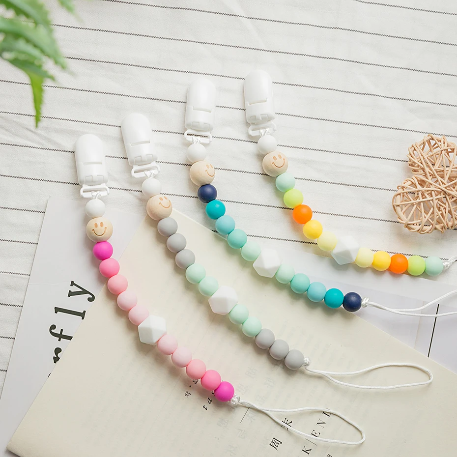 

Food Grade Wooden Teether Dummy Clip Chain 1PC Crib Toy Newborn Gift Silicone Beads Baby Silicone Teether Chew Beads BPA Fre