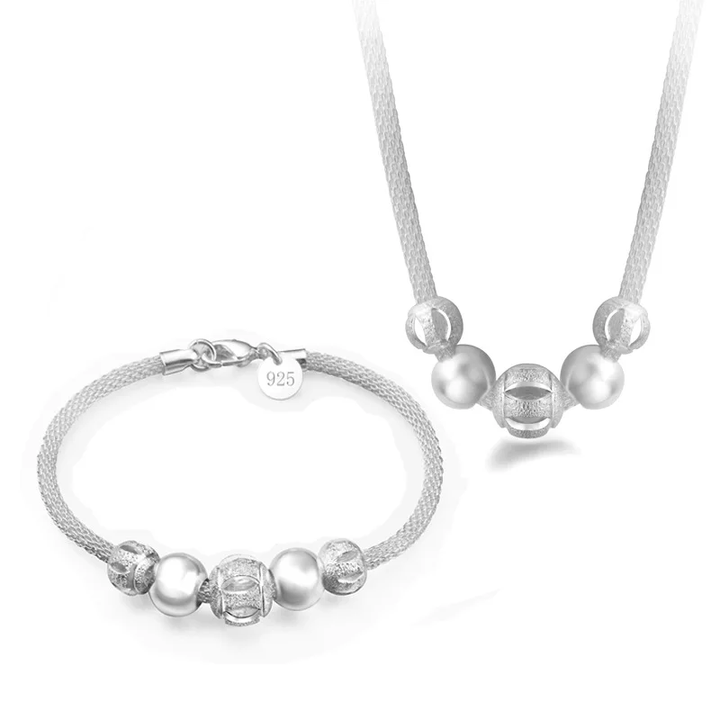 OMHXZJ, индивидуальный Модный женский подарок, Серебряные бусы, сетчатая цепочка, браслет из стерлингового серебра 925 пробы+ ожерелье, ювелирный набор SE48