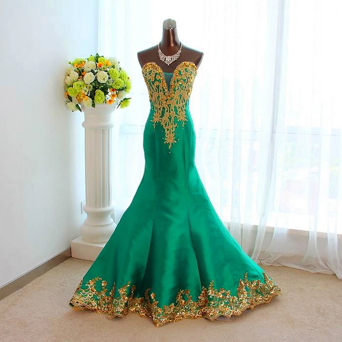 2013 tube top fish tail train bride dress green gold evening dress ...