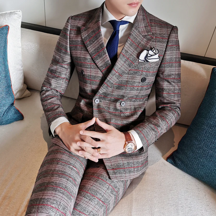 

2019 Autumn Men Double Breasted Suit Stylish Wedding Smoking Mariage Homme Three Piece Mens Plaid Suits Prom Stage Wear Q666