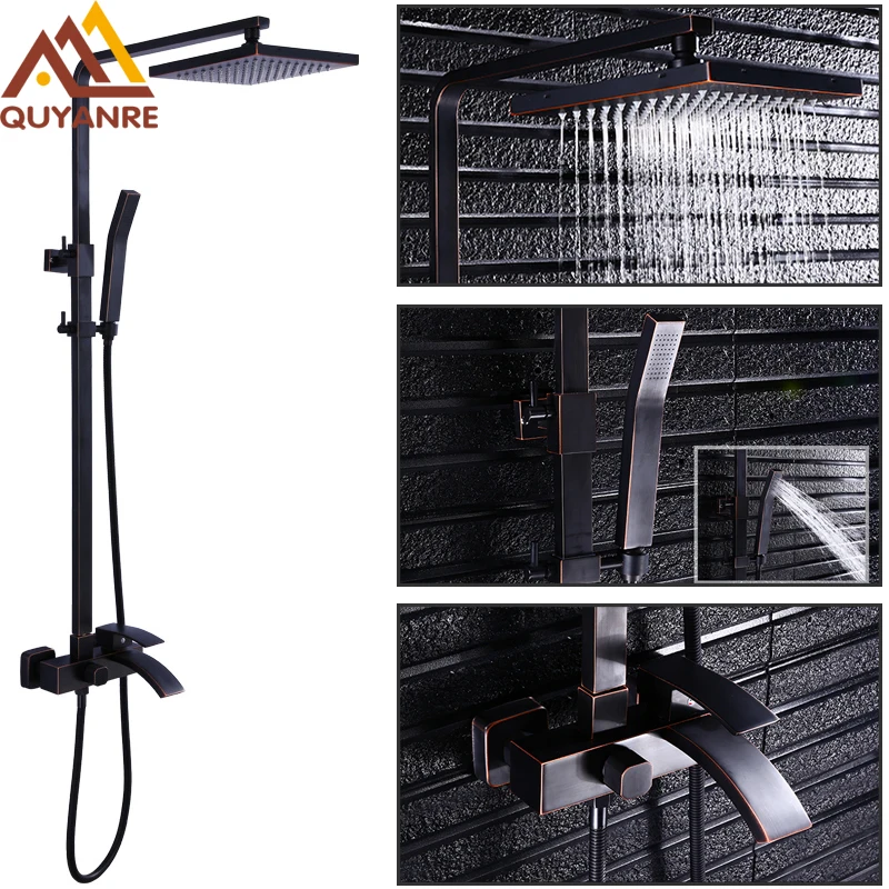 Quyanre Shower Faucets Brass Black Bathtub Faucet Square Tube Single Handle Top Rain With Slide Bar Wall Water Mixer Tap | Обустройство