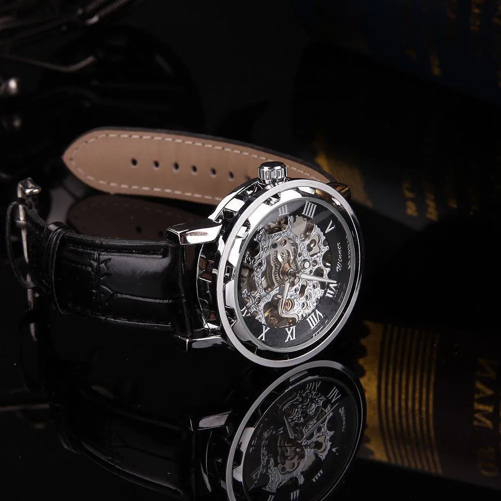 Лидирующий бренд Мужские часы классический черный кожаный Циферблат скелет механические наручные часы спортивные армейские часы мужские Быстрая Feida