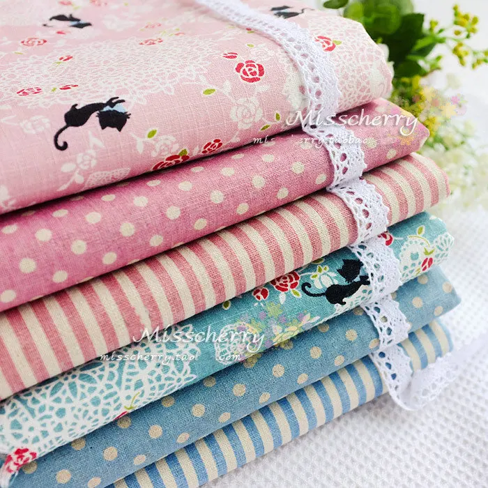 

pink blue color lace black cat dot stripe printing Cotton linen fabric 45x50cm handmade DIY patchwork quilting cloth 3pcs/lot