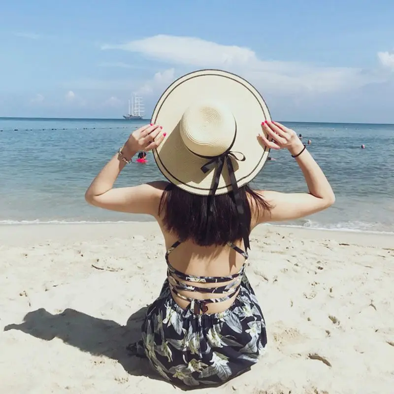 Женская летняя соломенная плетеная пляжная шляпа с козырьком, длинная шляпа с ласточкиным хвостом и бантом, цветная полосатая Панама, складная пляжная шляпа с широкими полями