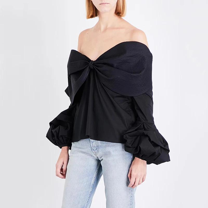  TWOTWINSTYLE Bandeau Bow Shirt For Women Backless Split Lantern Sleeve Short Blouse Autumn Female F
