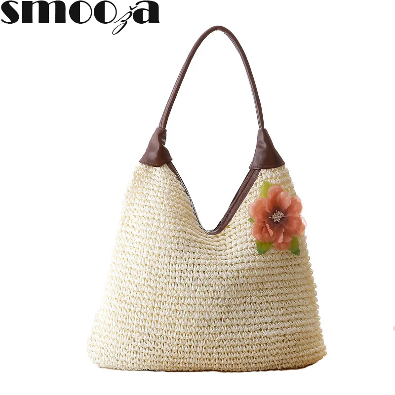 

SMOOZA 2018 new beautiful Straw Bag Fashion Popular Woven Bag Mesh Rope Weaving Tie Buckle Reticulate leather Shoulder Bag