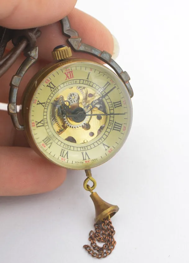 Прозрачный Бронзовый тон Хрустальный Шар Дизайн ручной Ветер Механические карманные часы+ кожаная цепь хороший подарок цена H033 - Цвет: Bronze Tone