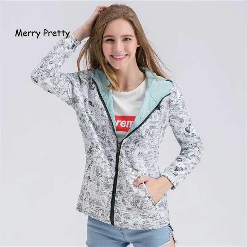 MERRY PRETTY 2018 Autumn Women Bomber Basic Jacket Pocket Zipper Hooded Two Side Wear Cartoon Print Outwear Loose Coat