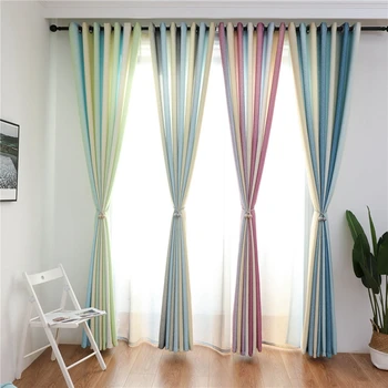 

High Shading Punched Window Curtain Nordic Color Striped Blackout Cotton Line Curtain for Living Room Bedroom Decoration