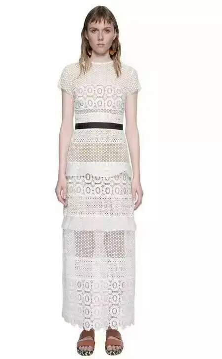 

Summer Style Short Sleeve Pure White Lace Long Dress Women Lace Patchwork Sexy Hollow-out Beautiful Elegant Brand Long Dress