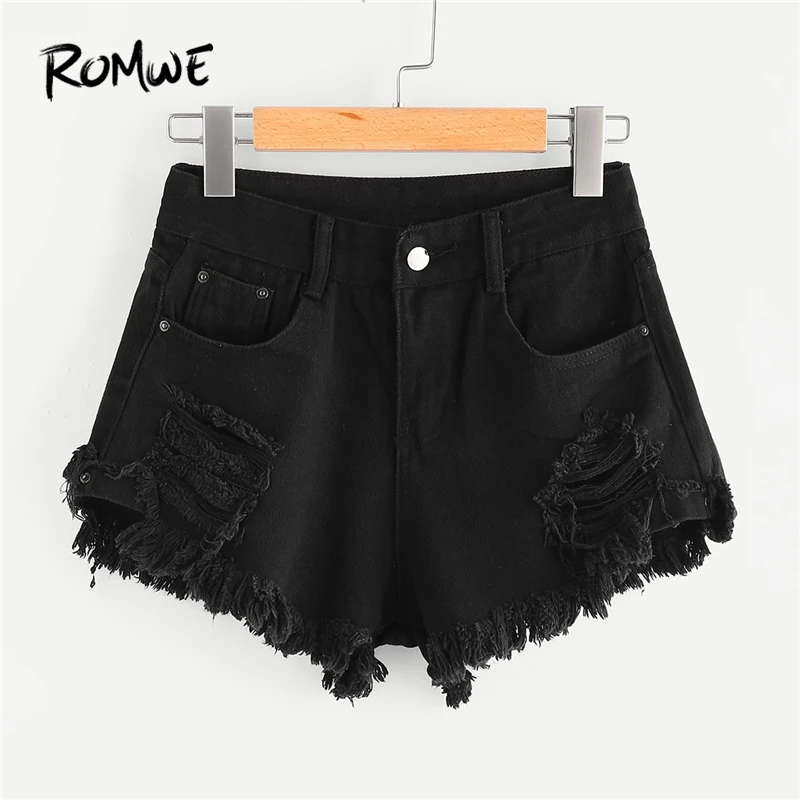 ROMWE Необработанный Край рваные джинсовые шорты черные однотонные Awesome нежный для женщин шорты для Сказочный середины талии летние