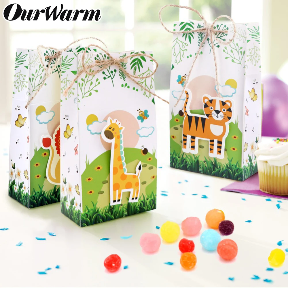 OurWarm 6 pcs ورقة حقيبة الغابة سفاري الحيوانات حزب الحيوان الحلوى مربع سفاري الحيوانات موضوع إمدادات حفلة عيد ميلاد الطفل دش