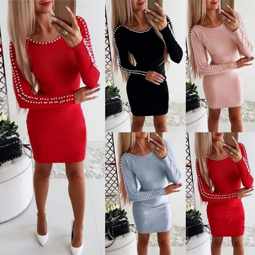 

New Plus Size Sexy Women Beading Solid Color Long Sleeve Slim Fit Bodycon Mini Dress