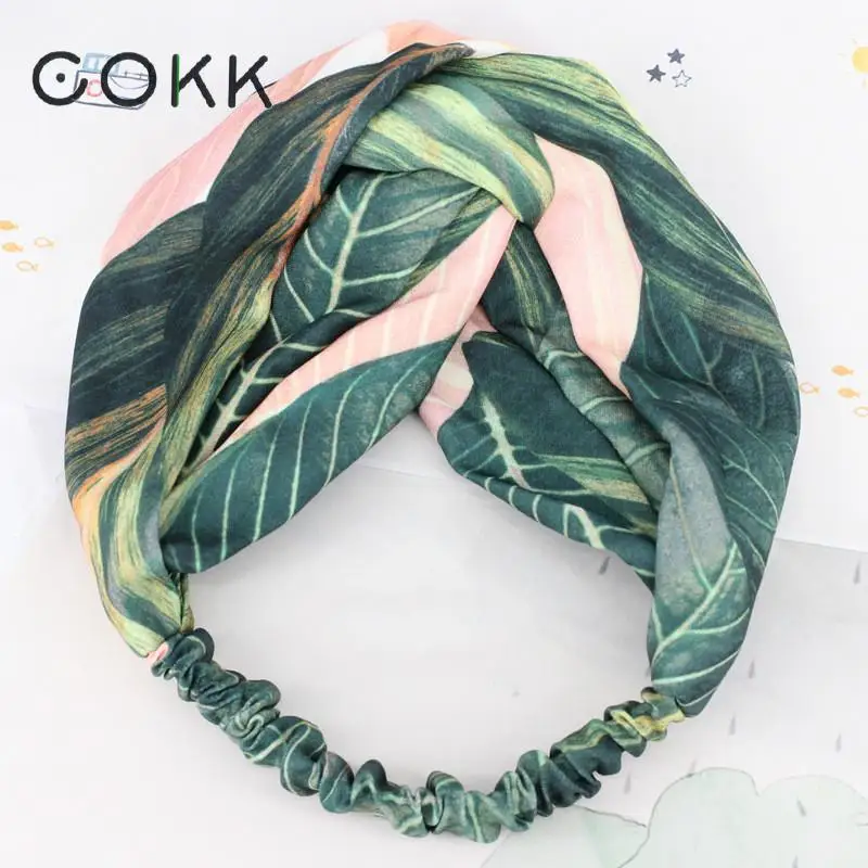 

COKK Wide Flower Hair Band Headband Hair Accessories For Women Girls Leaf Print Headband Vintage Cross Hairband Lady Hair Scarf