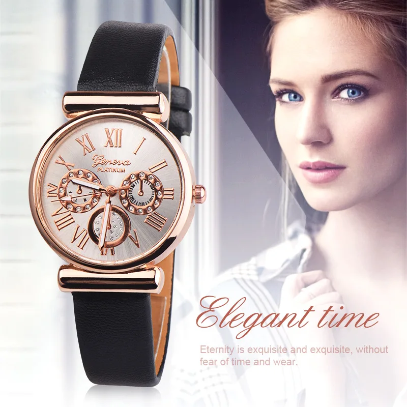 

New Fashion Women Leather Band Watch Ladies Quartz Analog Wrist Watch Luxury Fashion Black White Gold Women Watches Bracelet