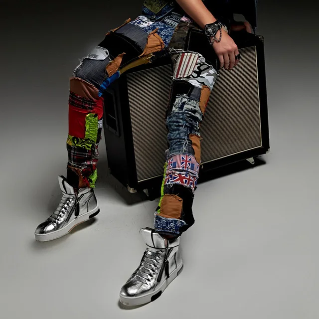

Famous brand European brand Style Men Slim Colorful Jeans Fashion Patchworks Stage Jeans Man Cool Street Amazing Special Pants