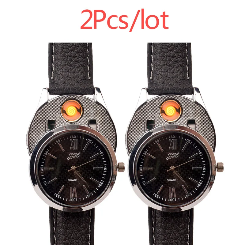 

2Pcs/lot Watch men USB Rechargeable Flameless Cigarette Lighter relogio masculino Clock Hodinky Men's Quartz Wristwatches