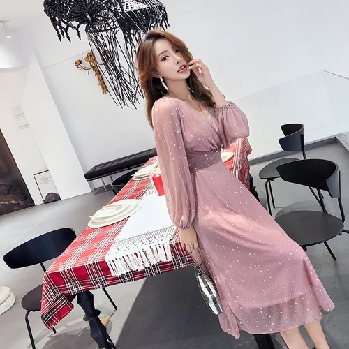 

Elegant V-neck Polka Dot Slim Waist Women Dress Full Sleeve Female Chiffon Dress 2019 Lace Up A-line Long Vestidos