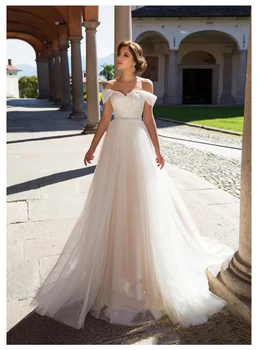 

LORIE Boho Wedding Dress Off The Shoulder Fairy A Line Vintage Princess Wedding Gown Tulle Beach Bride Dress 2019