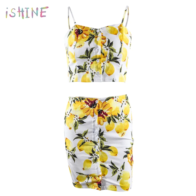 

Women's Fruits Print Skirt Set 2 Piece Suit Summer Sexy Casual Camisole Crop Tank Top & A-Line Skirt Two Piece Dress Set