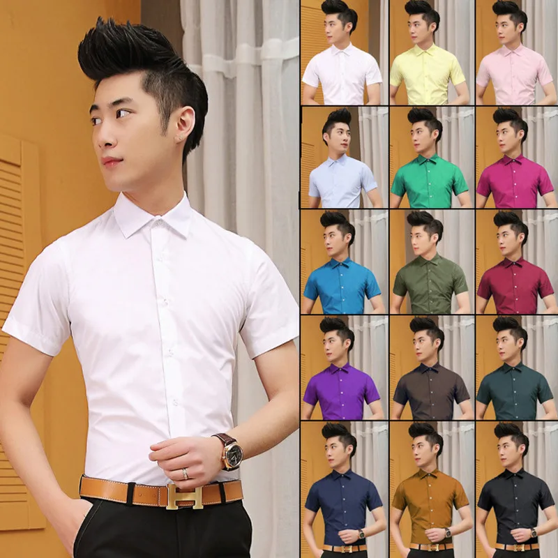 15 Colors Solid Mens Short Sleeve Shirts Summer 2018 Low Price High