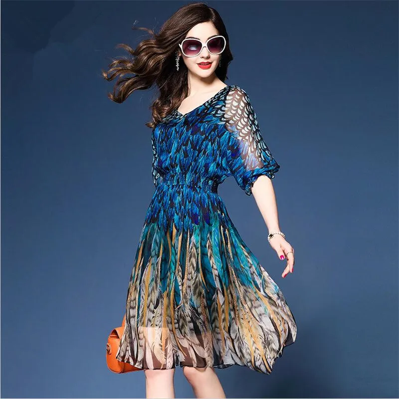 

Spring Summer High-end Formal Office Party Holiday Womens Peacock Color Elastic Tunic Dresses Femme Silk Chiffon A-line Dress