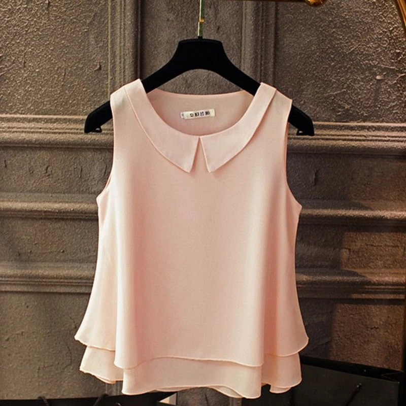 Шифоновая Блузка, белая и черная рубашка, блузка без рукавов, однотонная корейская модная одежда, Harajuku, женская одежда 2962 50 - Цвет: Розовый