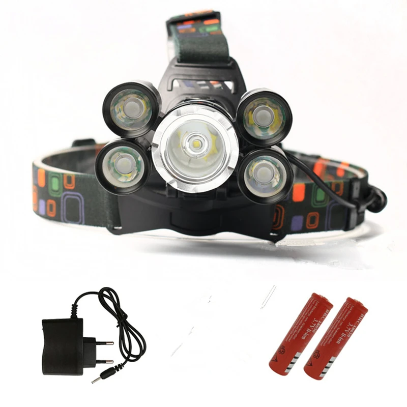 

XML T6 5 LED Headlight Headlamp Head Lamp 12000Lm 4 Mode Torch 2x18650 Battery+Charger Flashlight on the Forehead Fishing Lights
