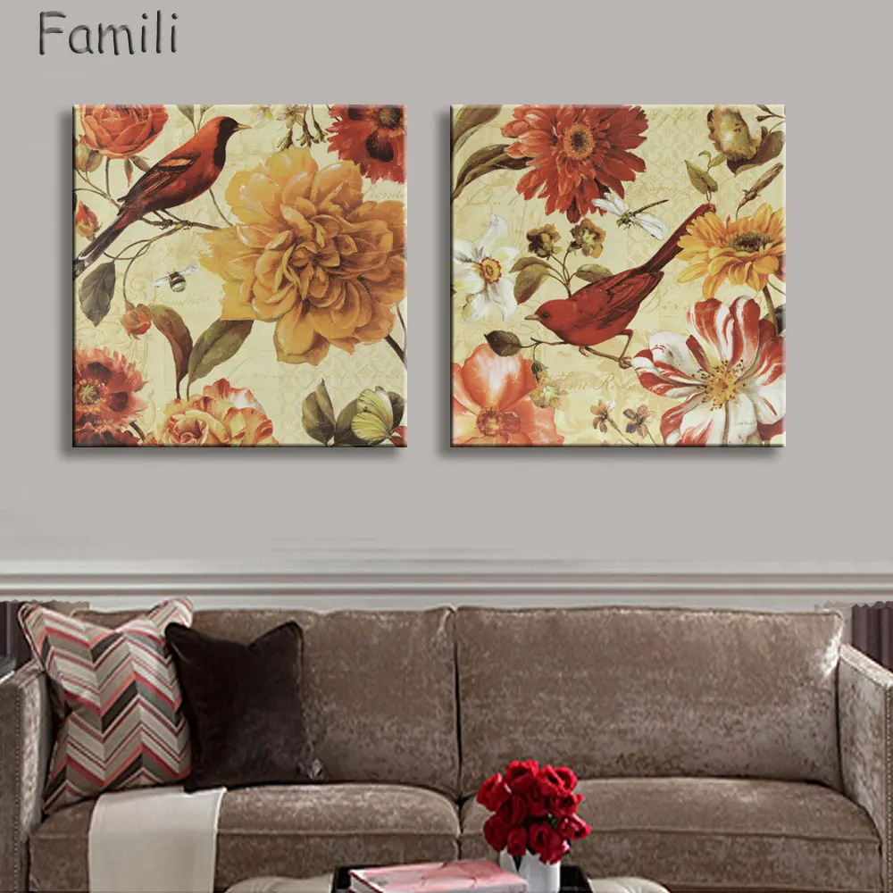 

2pcs Bana flowers and bird vintage floral prints canvas pictures for living room bedroom home decorative wall art schilderij
