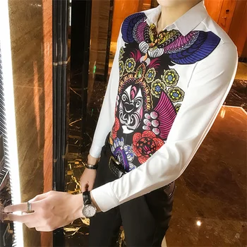 

C605-P45 modified Chinese wind printing large length sleeved long sleeved shirt casual shirt (100 polyester fiber)