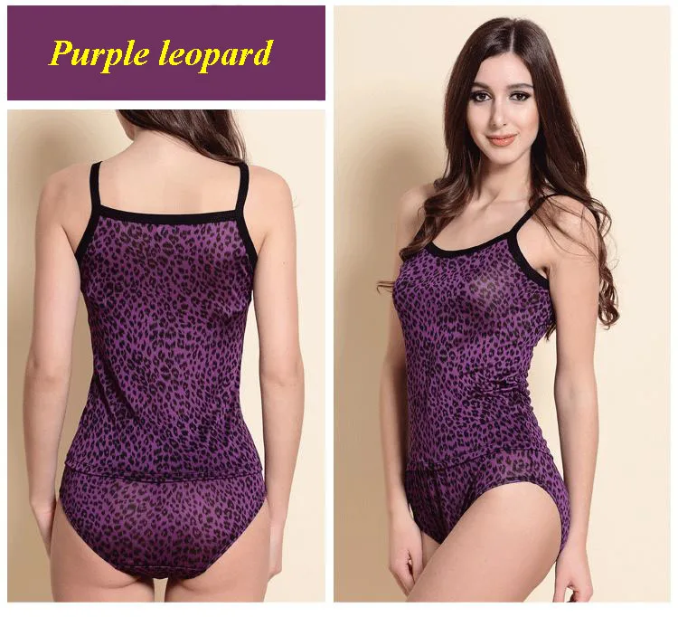 Натуральный шелк трикотажные Фиолетовый леопардовая расцветка Спагетти ремень майка, трусики комплект, Чистое Шелковое трикотажное женское нижнее белье комплект