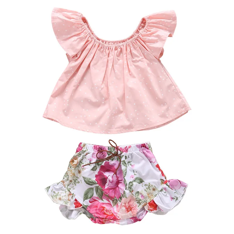 Cute Baby Girl Clothes Set 2pcs Toddler Kids Short Ruffle Sleeve T