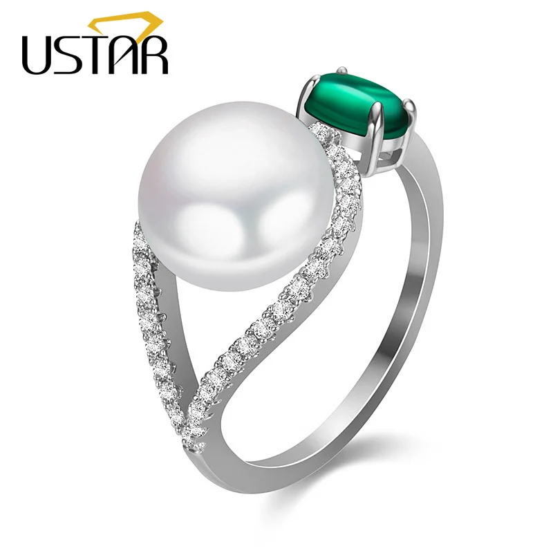 USTAR новые кольца из пресноводного жемчуга для женщин с зеленым камнем AAA кубический цирконий женские кольца для помолвки anel Свадебные украшения подарок - Цвет основного камня: Silver