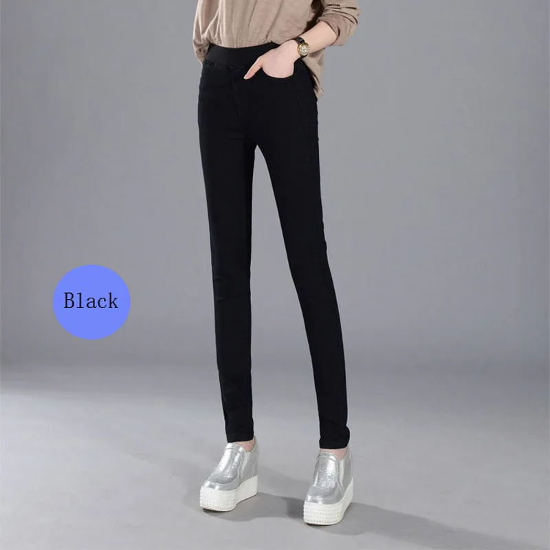 Женские джинсы, новые женские повседневные эластичные джинсы с резинкой на талии размера плюс 38, обтягивающие джинсовые длинные зауженные брюки, женские брюки