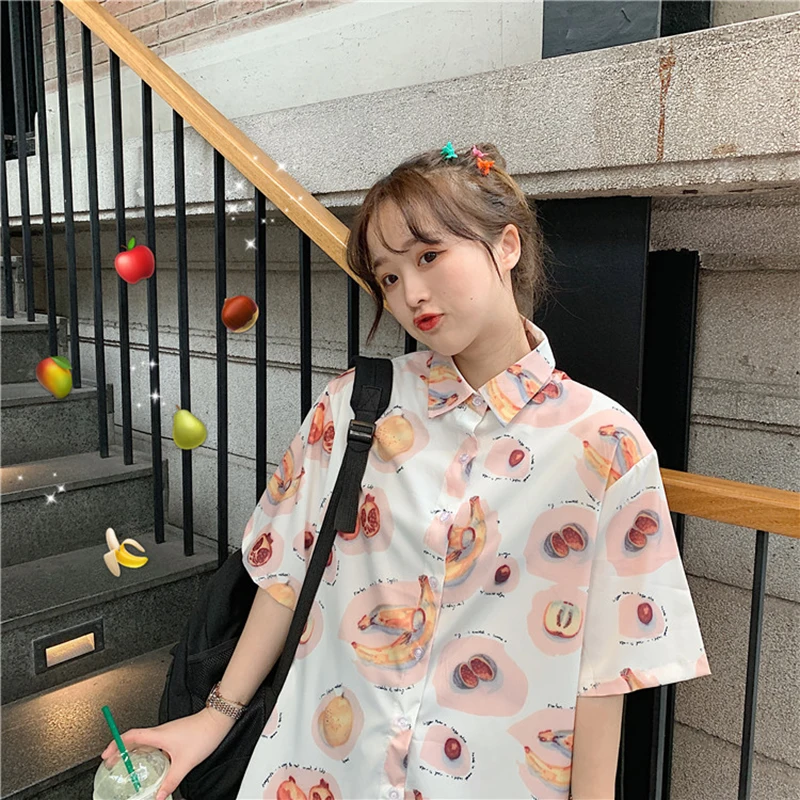  Shirts Women Summer Korean Style Loose Short Sleeve Chiffon Womens Shirt Printed Turn-Down Collar S