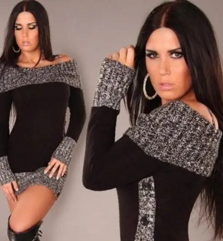 New Winter Sweater Women Sexy Off Shoulder Color Block Sweater Dress Buttons Knitted Long Pullover Top sweater women 