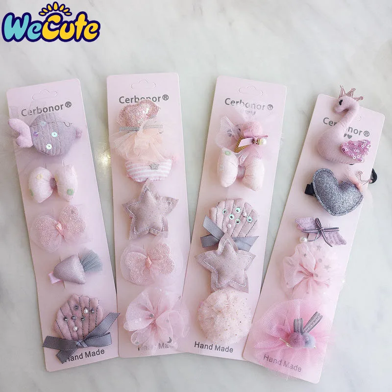 

Wecute Lovely Hairpin Kids Cartoon Fabric Hand Embroidery Crown Bowknot Animals Hair Clips Baby Girl Hair Accessories 5PCS