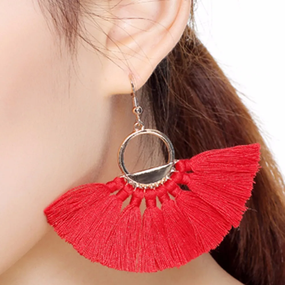 Buy Fanshaped Cotton Tassels Bohemia Earrings For