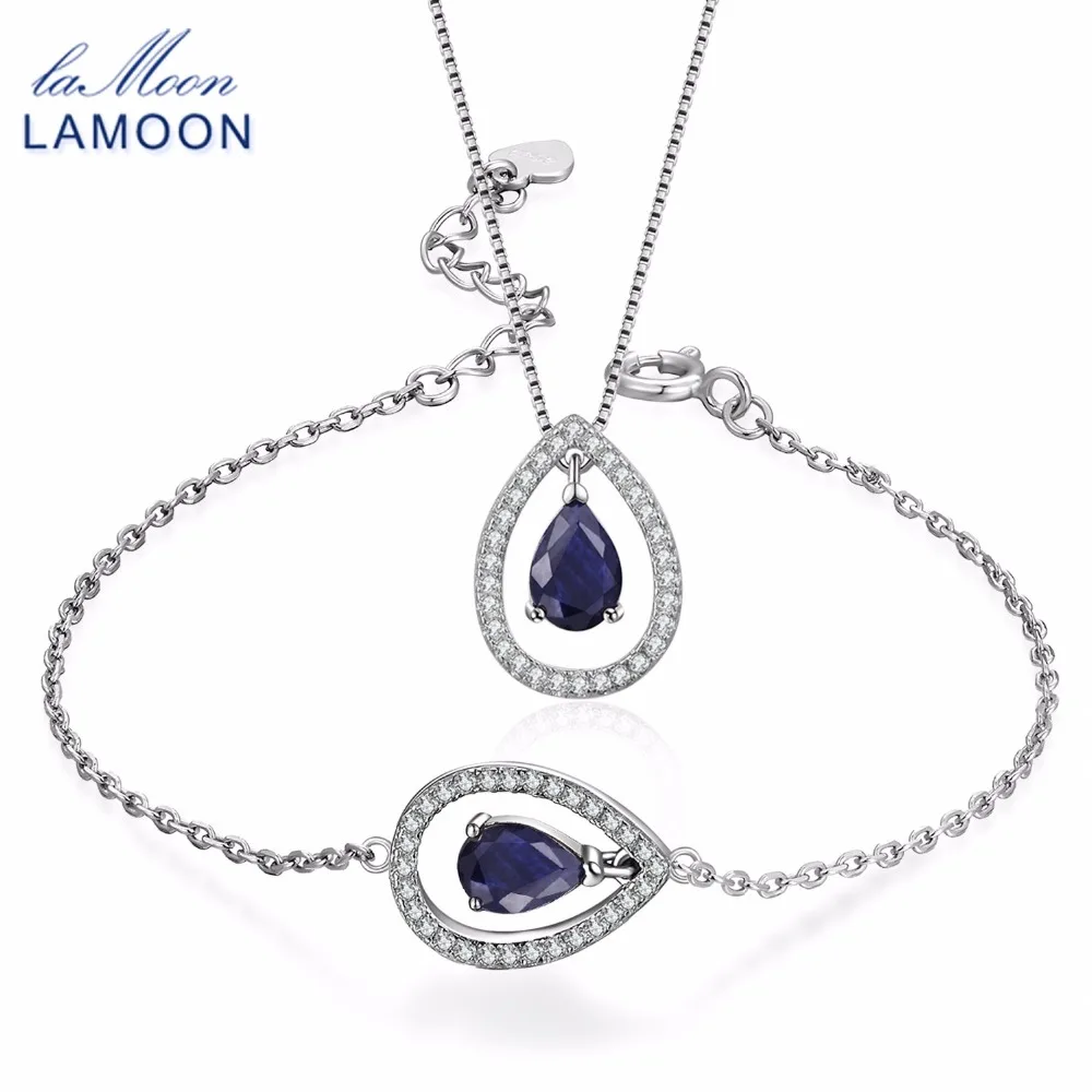 

LAMOON 100% 925-Sterling-Silver 2PCS Jewellery Sets For Women Natural Sapphire Gemstones S925 Fine Jewelry For Women V040-8