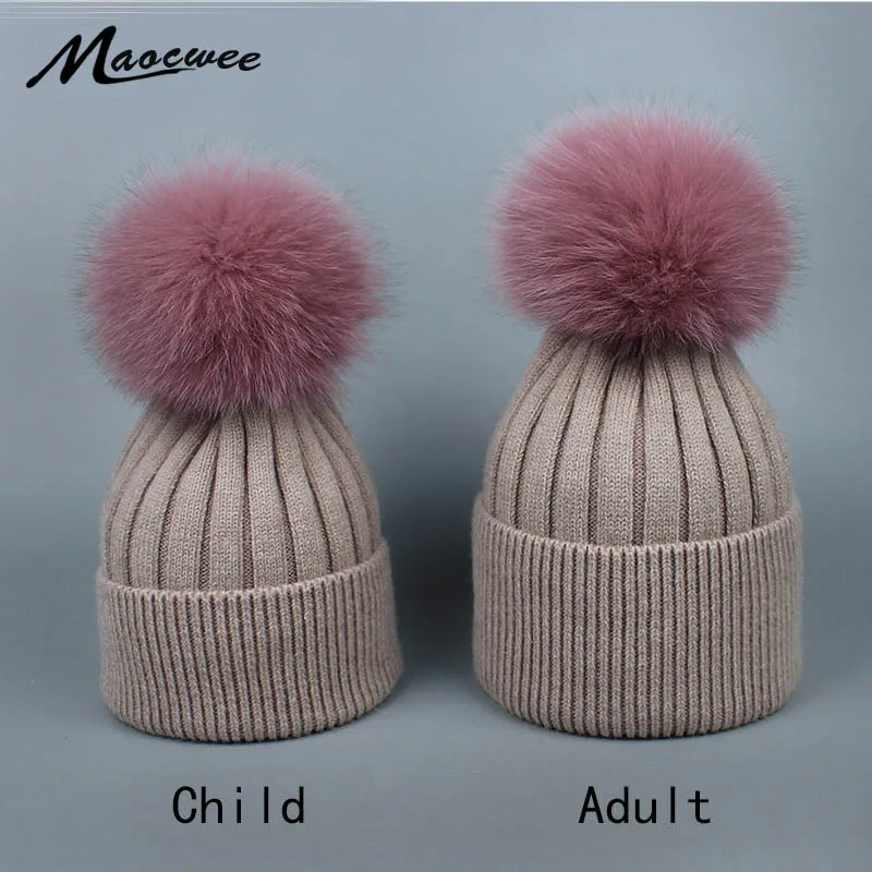 

Real Fox Fur Pompom Hat Adult Child Beanies Top Hat Cap With Natural Fox Fur Child Winter Ski Hat Balaclava Skull Face Mask