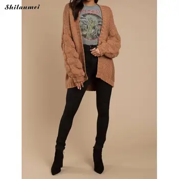 

Brown Women Warm Autumn Sweater Long Sleeve Thick Twist Cardigan Knitted Loose Open Front Solid Color Jumper Female Coat Tops