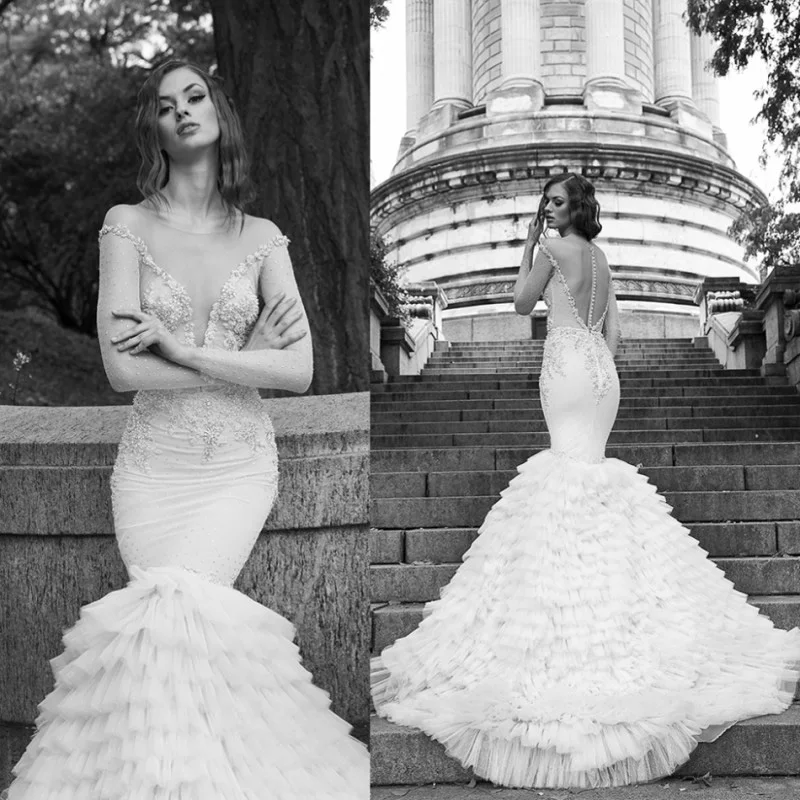 Великолепный Кот Белое Свадебное Платье Русалка Развертки Поезд Vestido Де Noiva