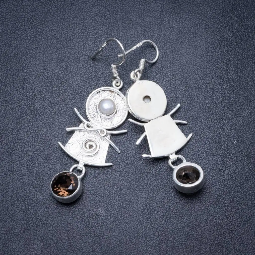 

Natural Smoky Quartz and River Pearl Handmade Unique 925 Sterling Silver Earrings 2" Y3011