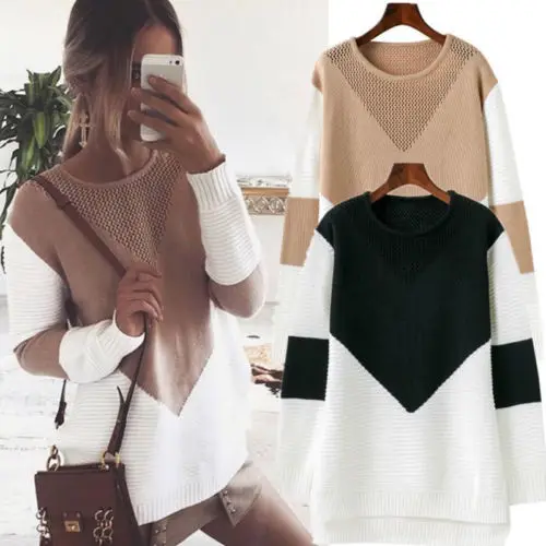 

Casual Loose Long Sleeve Sweaters Women Grey Black Khaki Patchwork Knitwear Pullovers Winter Sweater Tops Plus Size S-2XL