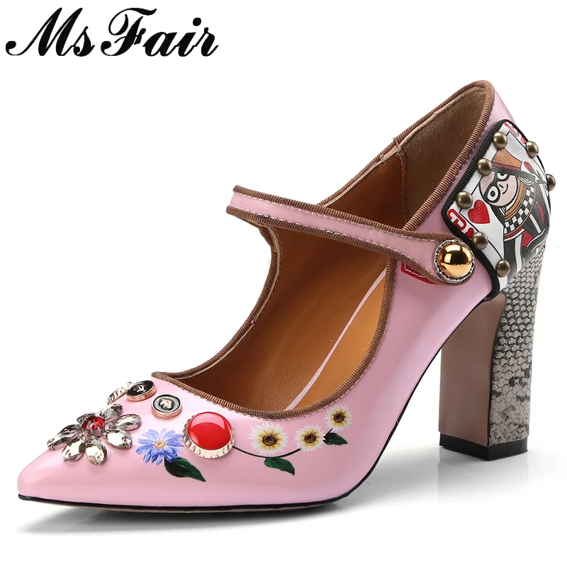 

MSFAIR Pointed Toe Square heel Women Pumps Shallow Buckle Ladies High Heel Pumps Fashion Metal Decoration Crystal Women Pumps