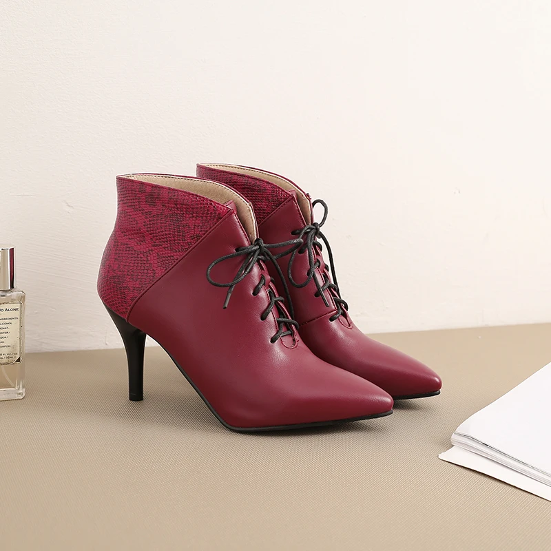 Sianie Tianie/Женская обувь на шнуровке ботильоны на высоком каблуке Полусапожки демисезонные красные туфли-лодочки с острым носком женская обувь большой размер 44, 43