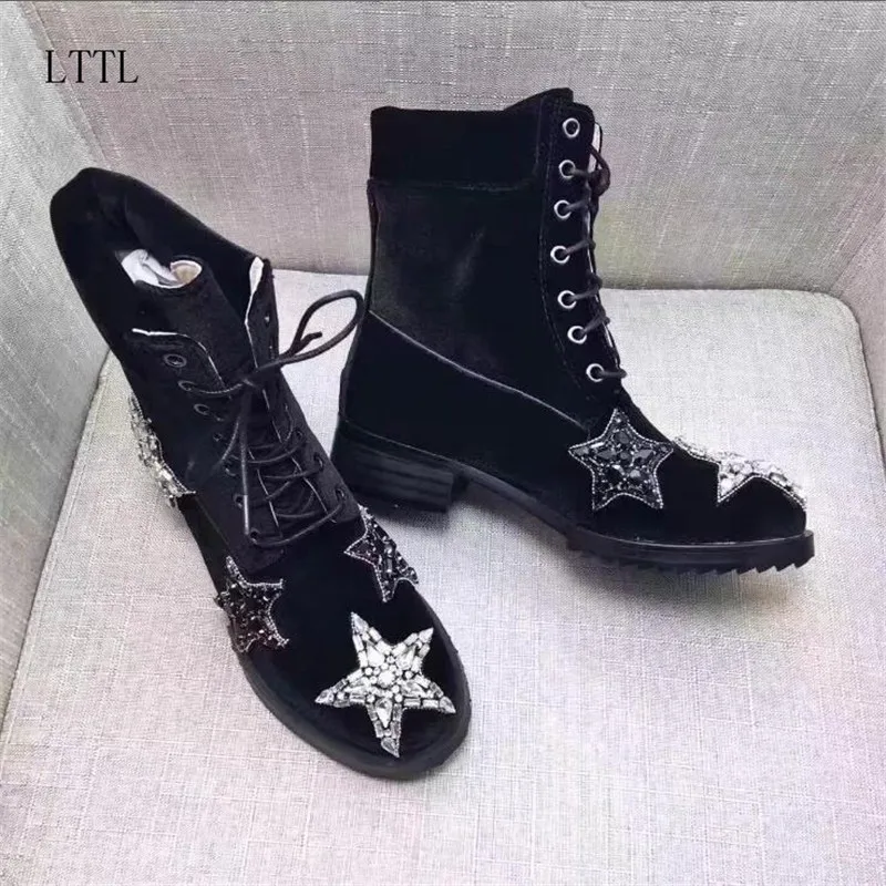 

2017 Rhinestone Star Velvet Ankle Boots Women Round Toe Lace-Up Diamond Handmade Winter Martin Boots For Women