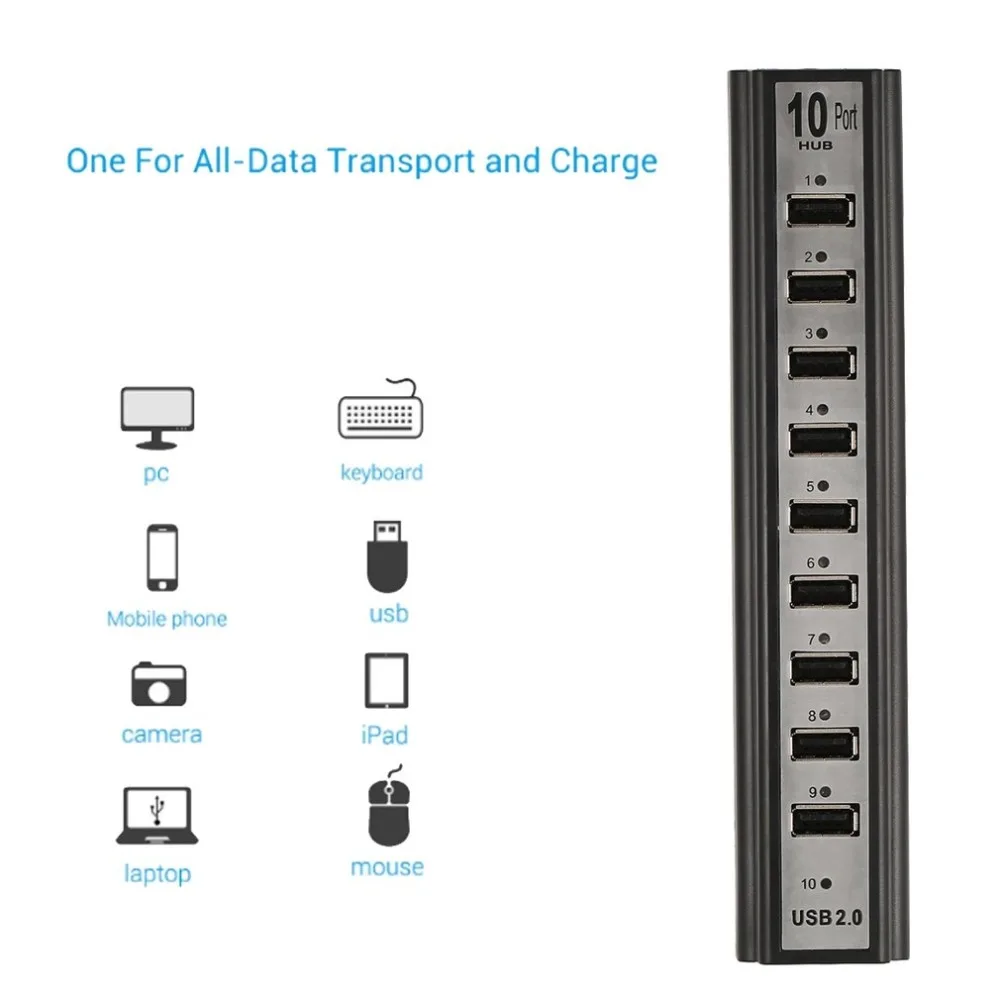 Высокая Скорость 480 Мбит/с USB 2,0 10-Порты и разъёмы концентратор нескольких разделители USB Hub с Мощность адаптер для портативных ПК Тетрадь компьютер ЕС Plug