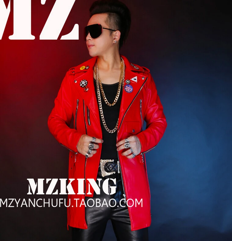 

S-5XL! Men's new fashion DJ red long Locomotive leather jacket coat singer costumes formal dress plus size clothing