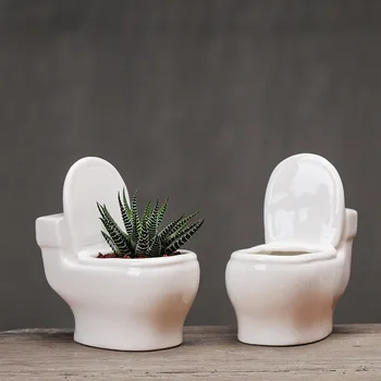 

White Ceramic Toilet Shape Flower Pot Creative Planter for Succulents Plants Gardening Small Flowerpot Home Desktop Decoration